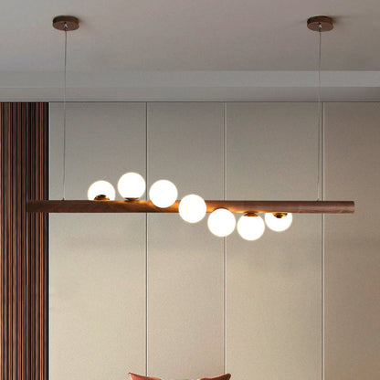 Contemporary Creative Rubber Wood Walnut Brass Glass Strip Ball 5/7 Light Chandeliers Island Light For Dining Room