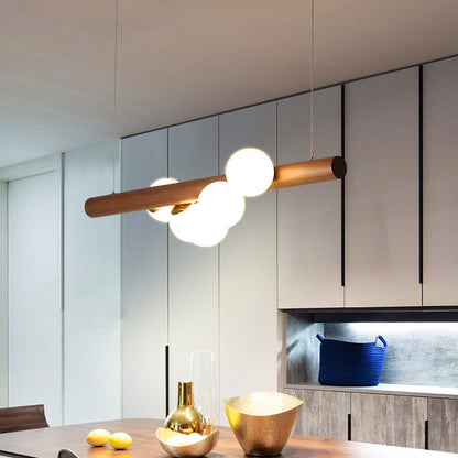 Contemporary Creative Rubber Wood Walnut Brass Glass Strip Ball 5/7 Light Chandeliers Island Light For Dining Room