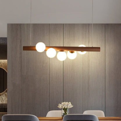 Contemporary Creative Rubber Wood Walnut Brass Glass Strip Ball 5/7 Light Chandeliers Island Light For Dining Room