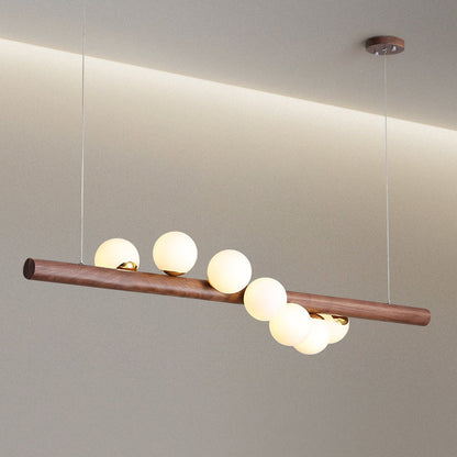 Contemporary Creative Rubber Wood Walnut Brass Glass Strip Ball 5/7 Light Chandeliers Island Light For Dining Room