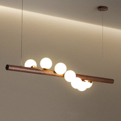 Contemporary Creative Rubber Wood Walnut Brass Glass Strip Ball 5/7 Light Chandeliers Island Light For Dining Room