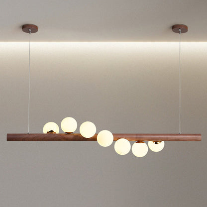 Contemporary Creative Rubber Wood Walnut Brass Glass Strip Ball 5/7 Light Chandeliers Island Light For Dining Room