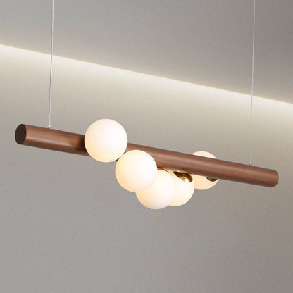 Contemporary Creative Rubber Wood Walnut Brass Glass Strip Ball 5/7 Light Chandeliers Island Light For Dining Room