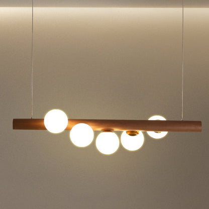 Contemporary Creative Rubber Wood Walnut Brass Glass Strip Ball 5/7 Light Chandeliers Island Light For Dining Room