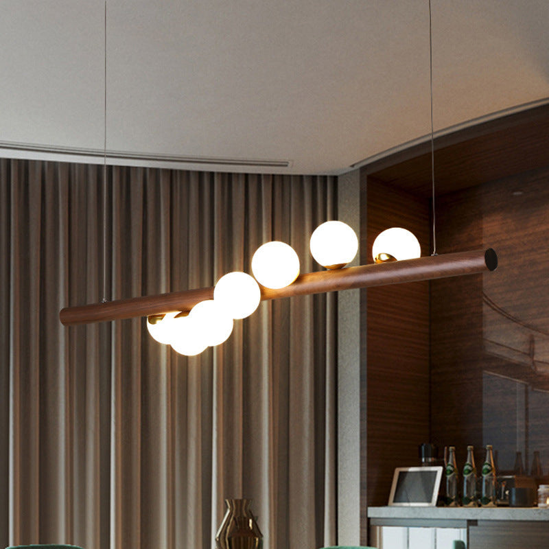 Contemporary Creative Rubber Wood Walnut Brass Glass Strip Ball 5/7 Light Chandeliers Island Light For Dining Room