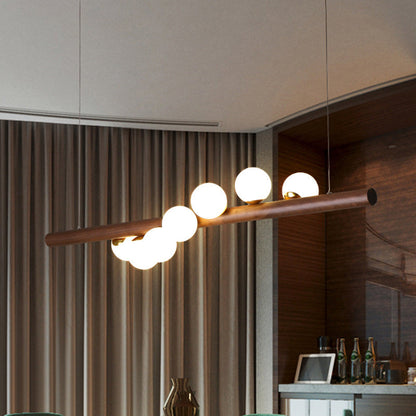 Contemporary Creative Rubber Wood Walnut Brass Glass Strip Ball 5/7 Light Chandeliers Island Light For Dining Room