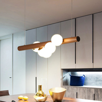 Contemporary Creative Rubber Wood Walnut Brass Glass Strip Ball 5/7 Light Chandeliers Island Light For Dining Room