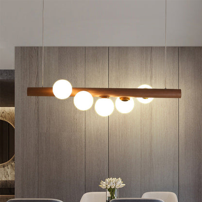 Contemporary Creative Rubber Wood Walnut Brass Glass Strip Ball 5/7 Light Chandeliers Island Light For Dining Room