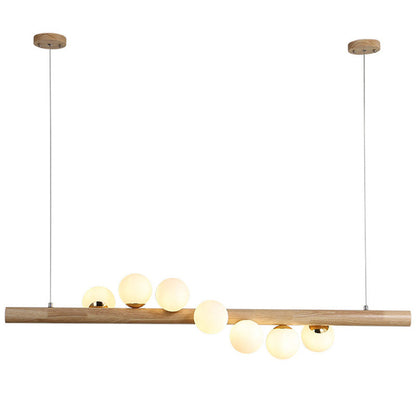 Contemporary Creative Rubber Wood Walnut Brass Glass Strip Ball 5/7 Light Chandeliers Island Light For Dining Room