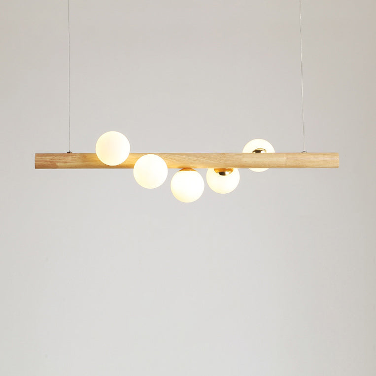 Contemporary Creative Rubber Wood Walnut Brass Glass Strip Ball 5/7 Light Chandeliers Island Light For Dining Room