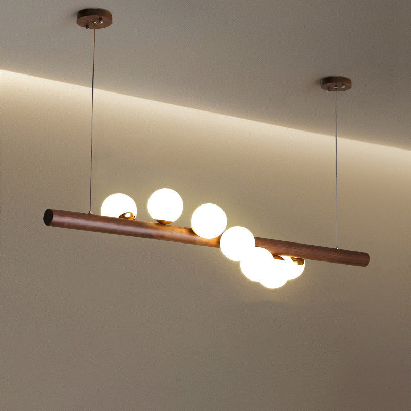 Contemporary Creative Rubber Wood Walnut Brass Glass Strip Ball 5/7 Light Chandeliers Island Light For Dining Room