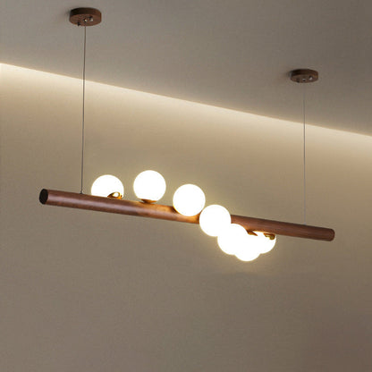 Contemporary Creative Rubber Wood Walnut Brass Glass Strip Ball 5/7 Light Chandeliers Island Light For Dining Room