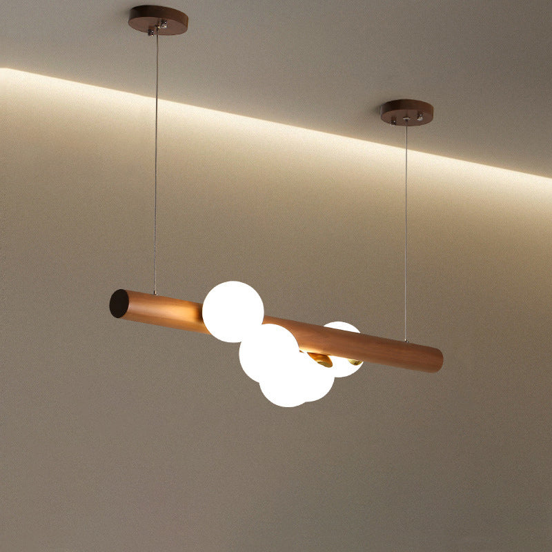 Contemporary Creative Rubber Wood Walnut Brass Glass Strip Ball 5/7 Light Chandeliers Island Light For Dining Room