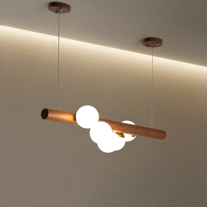 Contemporary Creative Rubber Wood Walnut Brass Glass Strip Ball 5/7 Light Chandeliers Island Light For Dining Room