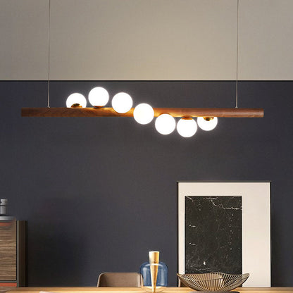 Contemporary Creative Rubber Wood Walnut Brass Glass Strip Ball 5/7 Light Chandeliers Island Light For Dining Room
