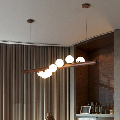 Contemporary Creative Rubber Wood Walnut Brass Glass Strip Ball 5/7 Light Chandeliers Island Light For Dining Room