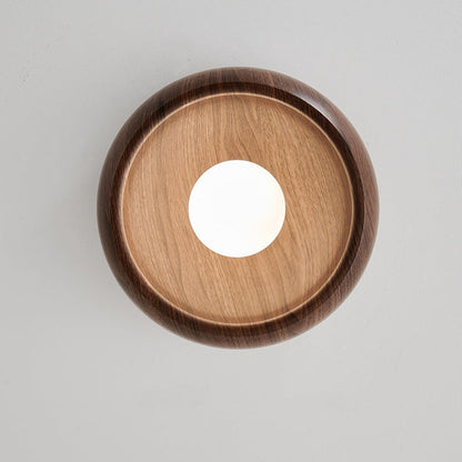 Contemporary Scandinavian Iron Glass Round Tart Wood Grain 1-Light Flush Mount Ceiling Light For Hallway