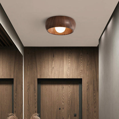 Contemporary Scandinavian Iron Glass Round Tart Wood Grain 1-Light Flush Mount Ceiling Light For Hallway