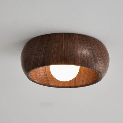 Contemporary Scandinavian Iron Glass Round Tart Wood Grain 1-Light Flush Mount Ceiling Light For Hallway