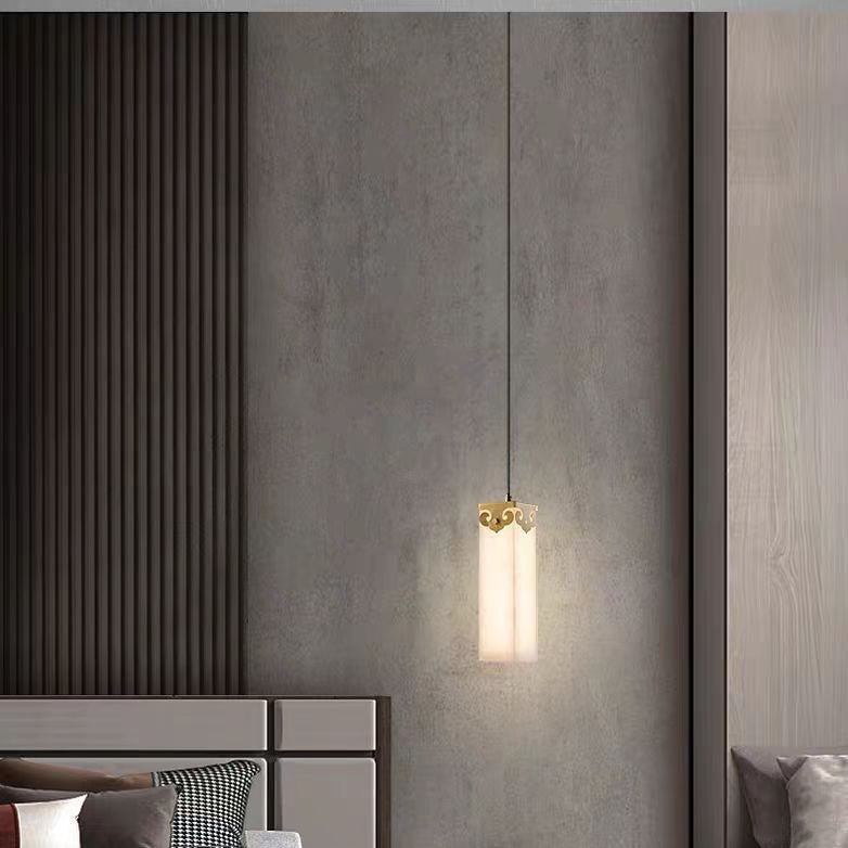 Traditional Chinese Copper Marble Cylinder Propitious Cloud LED Pendant Light For Bedside
