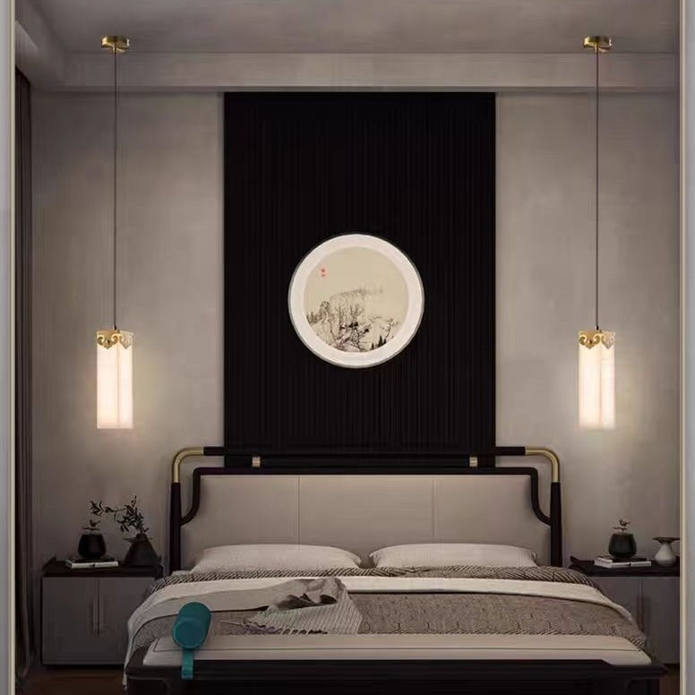 Traditional Chinese Copper Marble Cylinder Propitious Cloud LED Pendant Light For Bedside