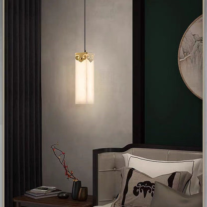 Traditional Chinese Copper Marble Cylinder Propitious Cloud LED Pendant Light For Bedside