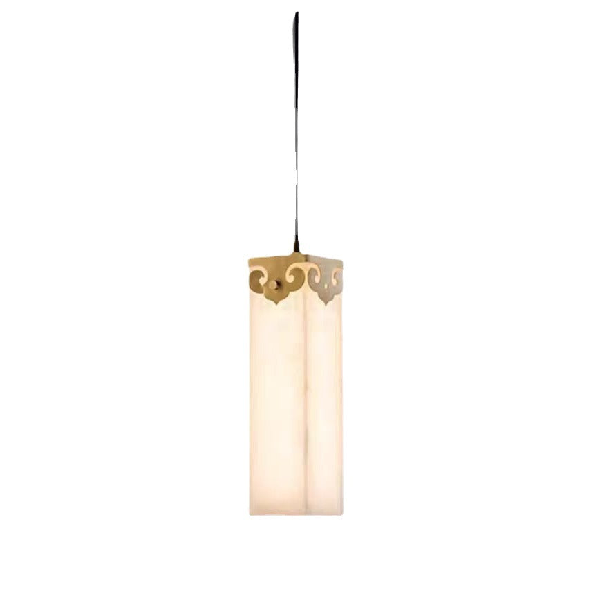 Traditional Chinese Copper Marble Cylinder Propitious Cloud LED Pendant Light For Bedside