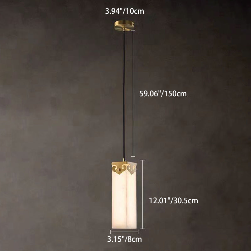 Traditional Chinese Copper Marble Cylinder Propitious Cloud LED Pendant Light For Bedside