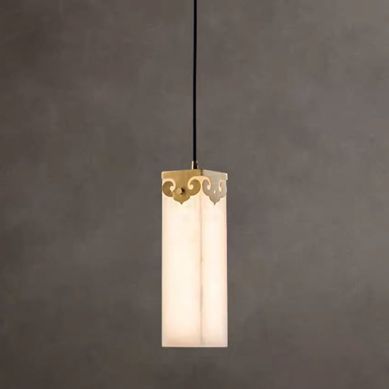 Traditional Chinese Copper Marble Cylinder Propitious Cloud LED Pendant Light For Bedside