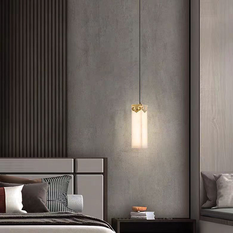 Traditional Chinese Copper Marble Cylinder Propitious Cloud LED Pendant Light For Bedside