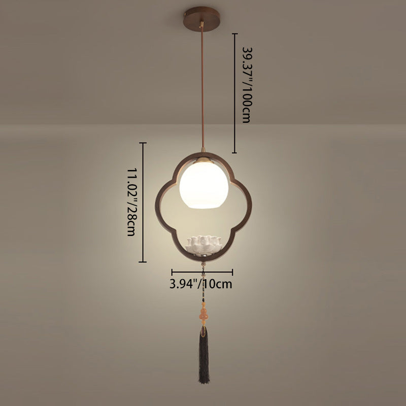 Traditional Chinese Ceramic Rubber Wood Glass Four-Leaf Clover Lotus Tassel 1-Light Pendant Light For Bedside