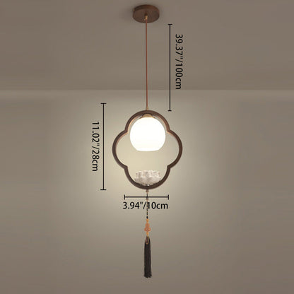 Traditional Chinese Ceramic Rubber Wood Glass Four-Leaf Clover Lotus Tassel 1-Light Pendant Light For Bedside