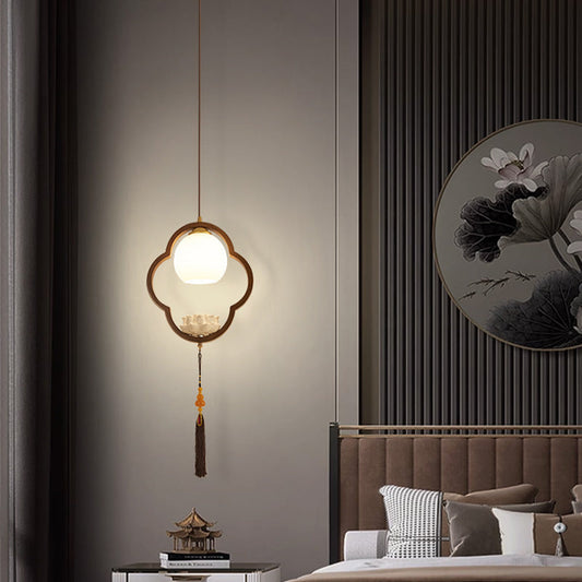 Traditional Chinese Ceramic Rubber Wood Glass Four-Leaf Clover Lotus Tassel 1-Light Pendant Light For Bedside