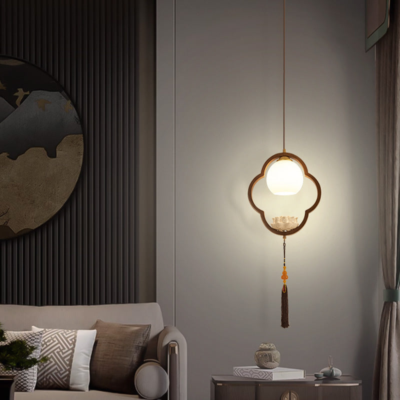 Traditional Chinese Ceramic Rubber Wood Glass Four-Leaf Clover Lotus Tassel 1-Light Pendant Light For Bedside