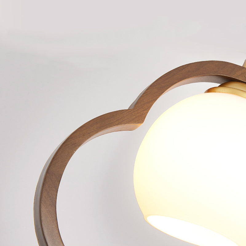 Traditional Chinese Ceramic Rubber Wood Glass Four-Leaf Clover Lotus Tassel 1-Light Pendant Light For Bedside