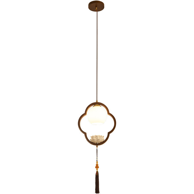 Traditional Chinese Ceramic Rubber Wood Glass Four-Leaf Clover Lotus Tassel 1-Light Pendant Light For Bedside