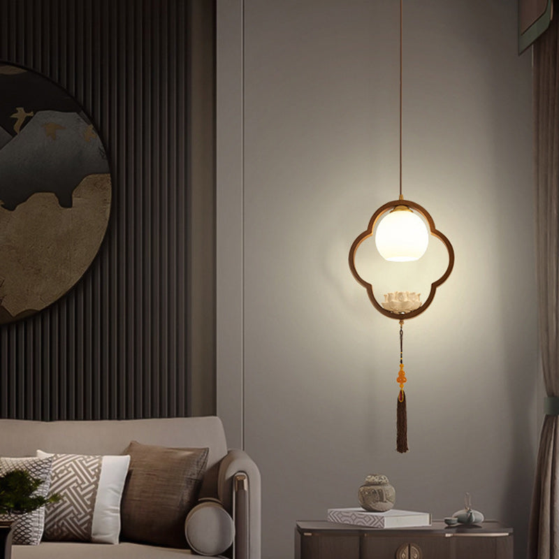 Traditional Chinese Ceramic Rubber Wood Glass Four-Leaf Clover Lotus Tassel 1-Light Pendant Light For Bedside