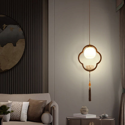 Traditional Chinese Ceramic Rubber Wood Glass Four-Leaf Clover Lotus Tassel 1-Light Pendant Light For Bedside