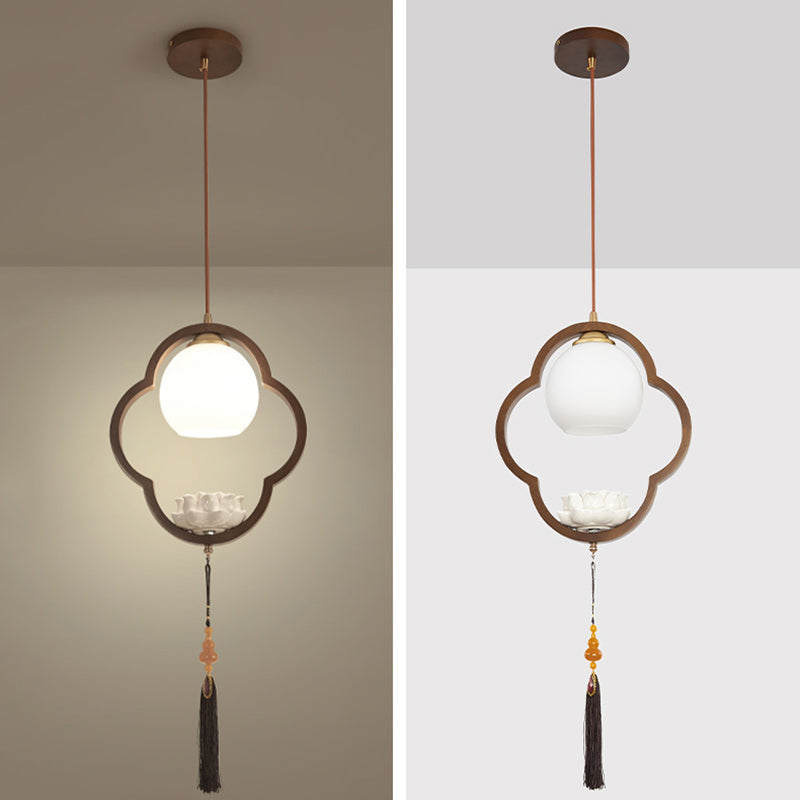 Traditional Chinese Ceramic Rubber Wood Glass Four-Leaf Clover Lotus Tassel 1-Light Pendant Light For Bedside