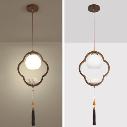 Traditional Chinese Ceramic Rubber Wood Glass Four-Leaf Clover Lotus Tassel 1-Light Pendant Light For Bedside