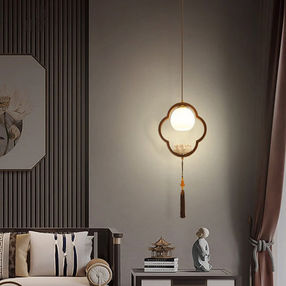 Traditional Chinese Ceramic Rubber Wood Glass Four-Leaf Clover Lotus Tassel 1-Light Pendant Light For Bedside