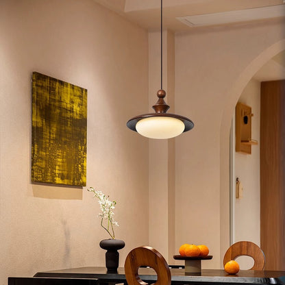 Contemporary Retro Ash Wood PVC Iron Flying Saucer Round LED Pendant Light For Dining Room