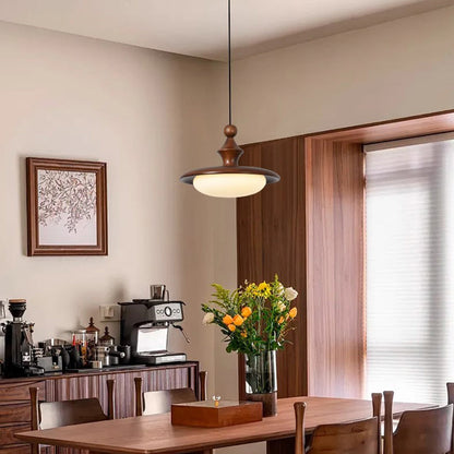Contemporary Retro Ash Wood PVC Iron Flying Saucer Round LED Pendant Light For Dining Room