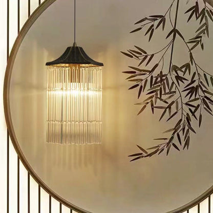 Traditional Chinese Brass Glass House Eave Bamboo Joint 1-Light Pendant Light For Dining Room