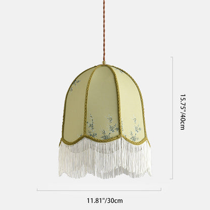 Traditional French Iron Fabric Dome Tassel Floral Embroidery 1-Light Pendant Light For Dining Room