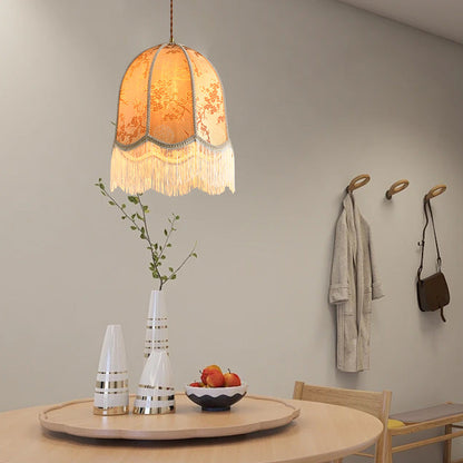 Traditional French Iron Fabric Dome Tassel Floral Embroidery 1-Light Pendant Light For Dining Room