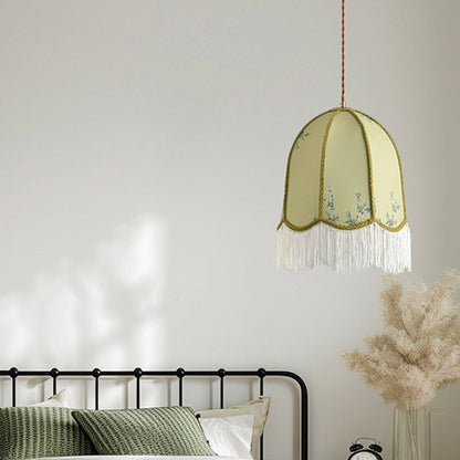 Traditional French Iron Fabric Dome Tassel Floral Embroidery 1-Light Pendant Light For Dining Room