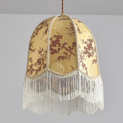Traditional French Iron Fabric Dome Tassel Floral Embroidery 1-Light Pendant Light For Dining Room