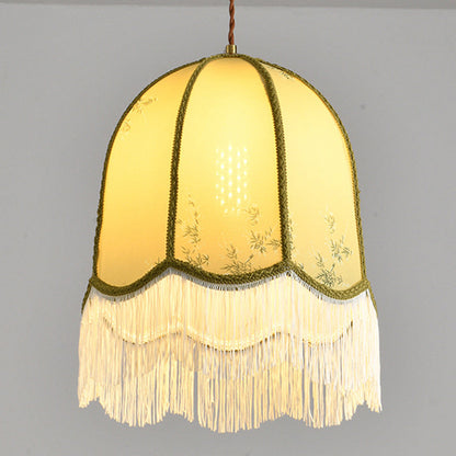 Traditional French Iron Fabric Dome Tassel Floral Embroidery 1-Light Pendant Light For Dining Room