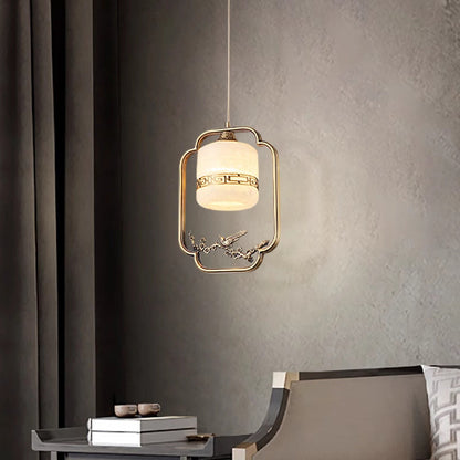 Traditional Chinese Brass Jade Marble Round Cylinder Carved Bird Flower 1-Light Pendant Light For Bedside